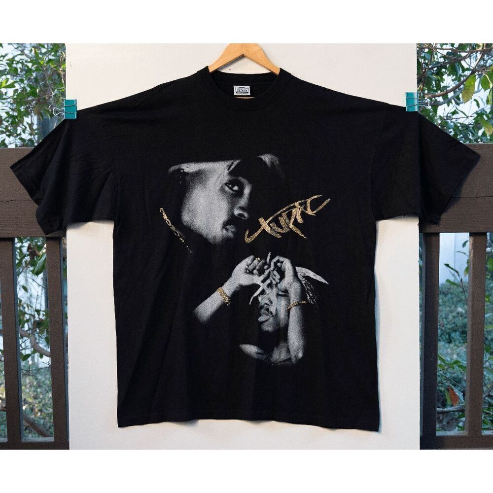 Vintage‎ Tupac Shakur Big Face Bling Necklace Gold Glitter T-Shirt Black 3XL